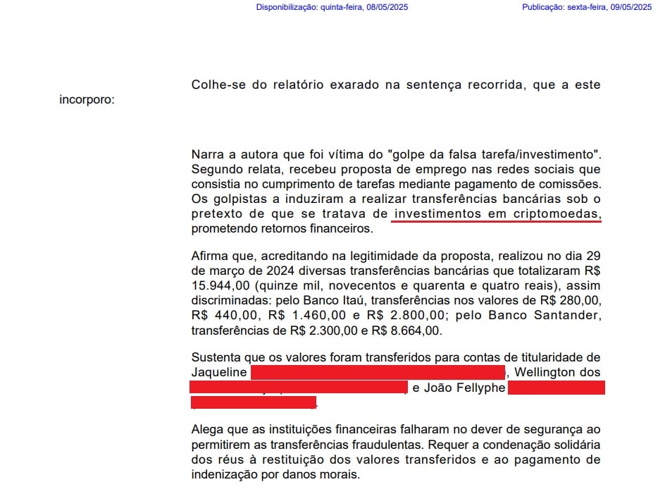 Trecho de processo em que mulher de Goiás perdeu dinheiro acreditando que estava investindo em criptomoedas