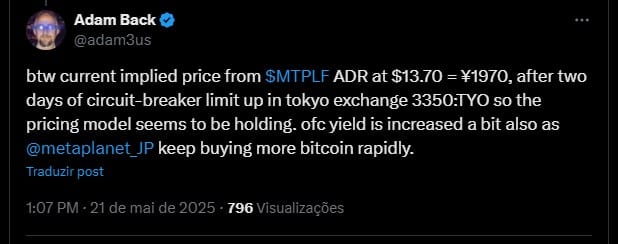 Adam Back fala sobre 'circuit-breaker' da Metaplanet na Bolsa de Valores de Tóquio. Fonte: X.