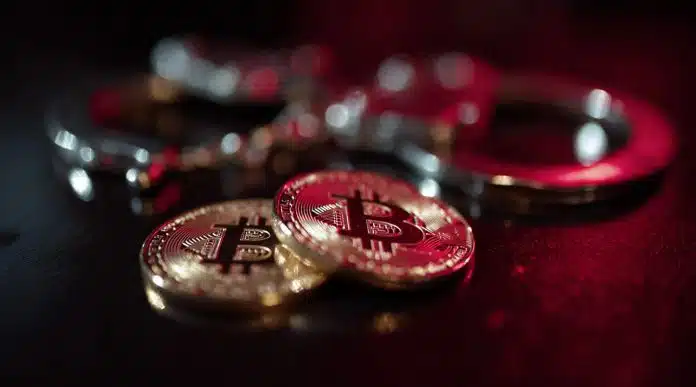 Moedas de Bitcoin frente a algemas. Fonte: Midjourney.