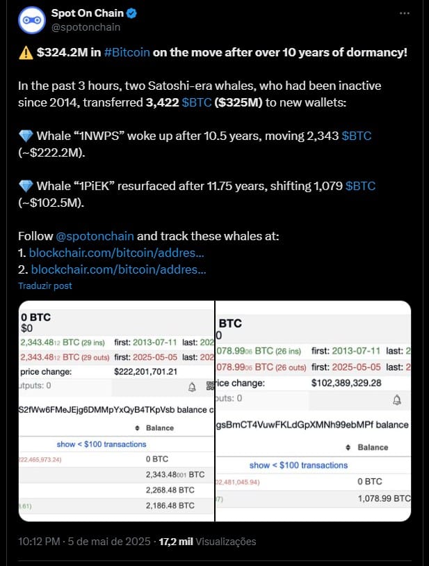 Movimento de R$ 1,8 bilhão em Bitcoin, parados há quase 12 anos, foi flagrado pela comunidade. Fonte: X.