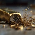 Barra de ouro se transformando em moeda de Bitcoin. Fonte: Midjourney.
