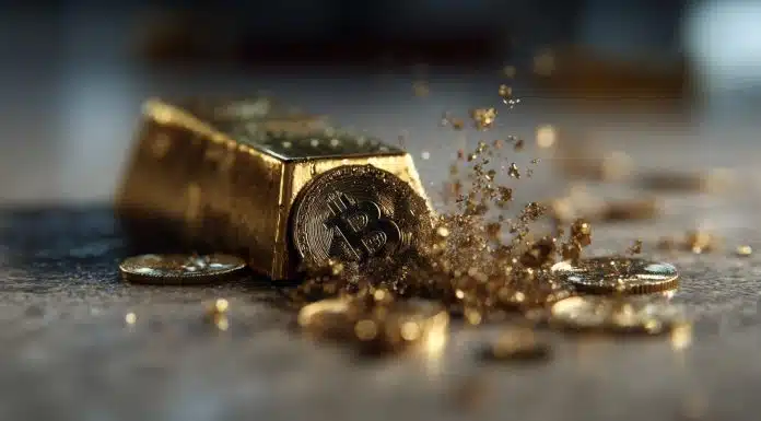 Barra de ouro se transformando em moeda de Bitcoin. Fonte: Midjourney.