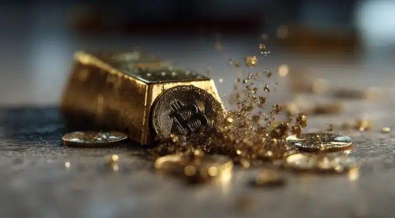 Barra de ouro se transformando em moeda de Bitcoin. Fonte: Midjourney.