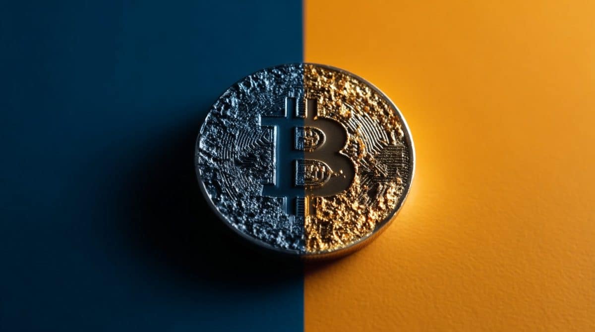 Moeda de Bitcoin dividida entre azul e laranja. Fonte: Midjourney.