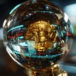 Bitcoin em bola de cristal, simbolizando previsão de preço. Fonte: Midjourney.