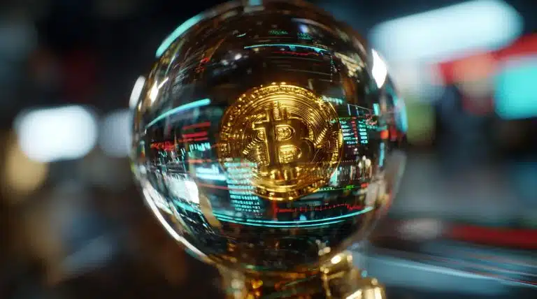 Bitcoin em bola de cristal, simbolizando previsão de preço. Fonte: Midjourney.