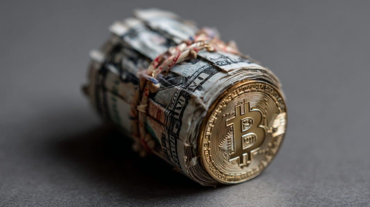 Bitcoin e notas de dólar. Fonte: Midjourney.