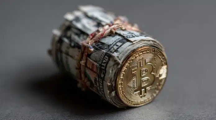 Bitcoin e notas de dólar. Fonte: Midjourney.
