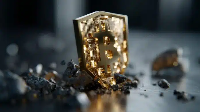 Bitcoin em forma de escudo. Fonte: Midjourney.