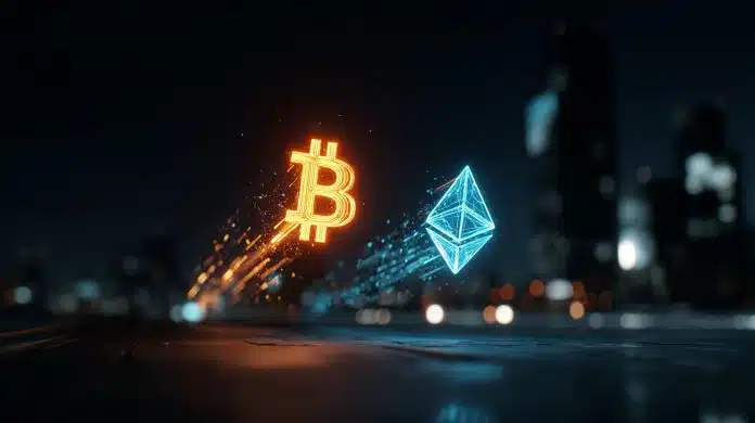 Bitcoin e Ethereum. Fonte: Midjourney.
