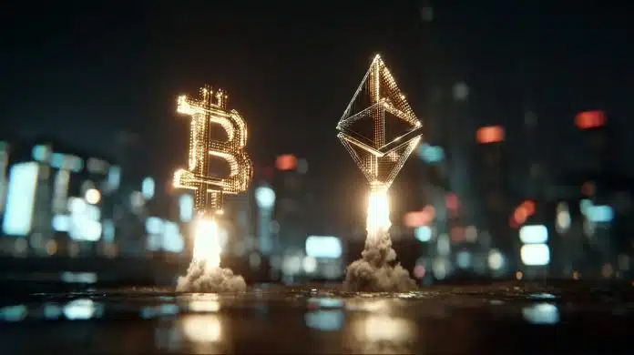 Bitcoin e Ethereum decolando. Fonte: Midjourney.
