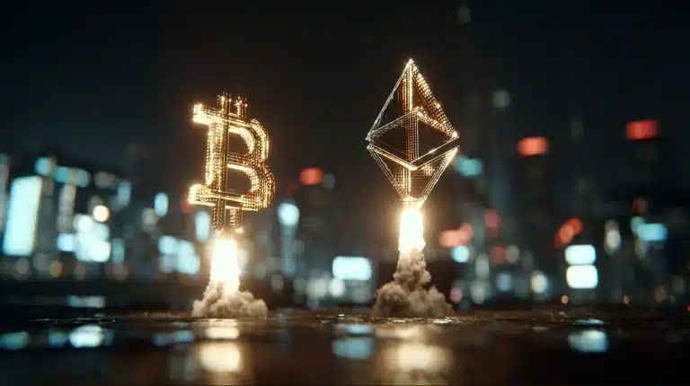 Bitcoin e Ethereum decolando. Fonte: Midjourney.