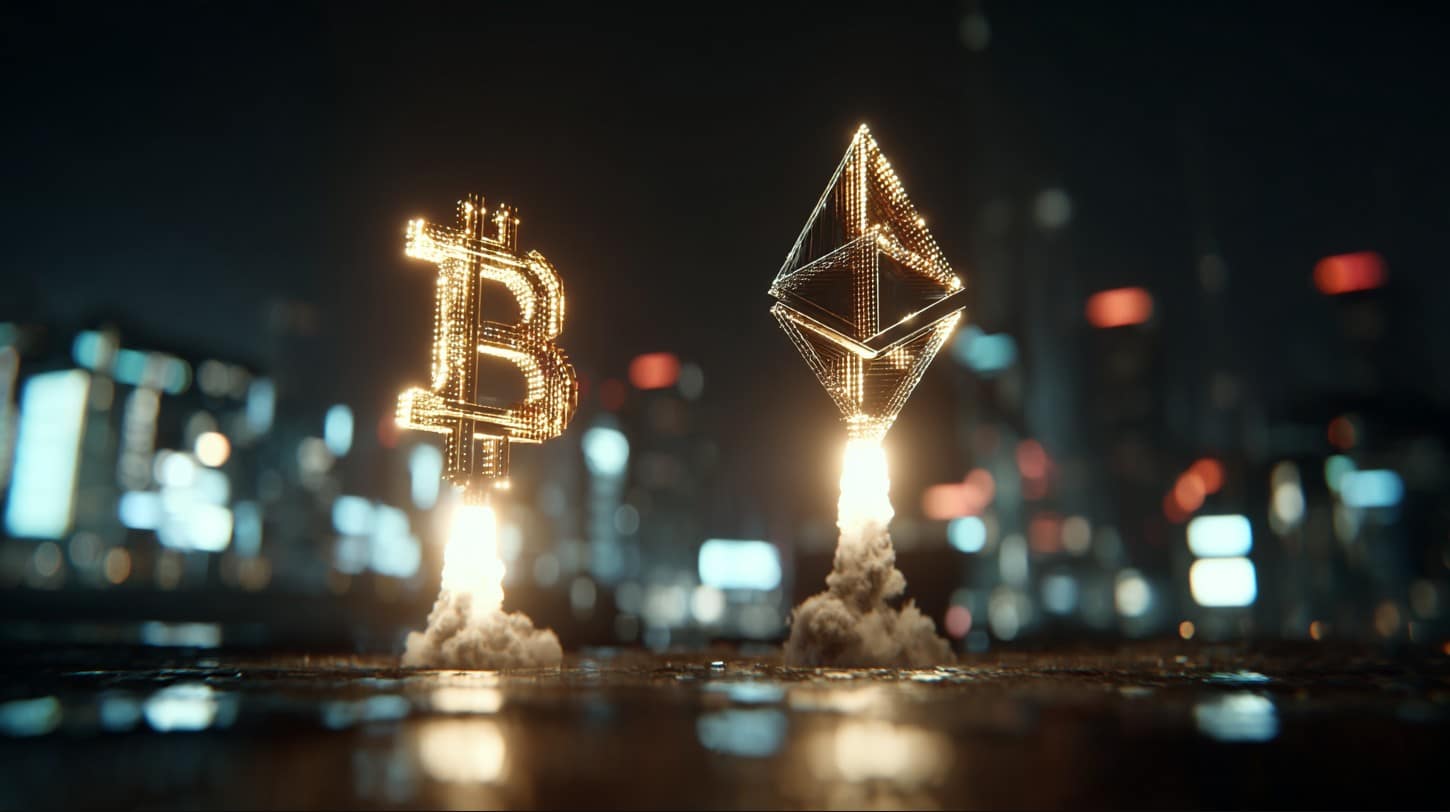 Bitcoin e Ethereum decolando. Fonte: Midjourney.