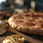 Moedas de Bitcoin ao lado de pizza. Fonte: Midjourney.