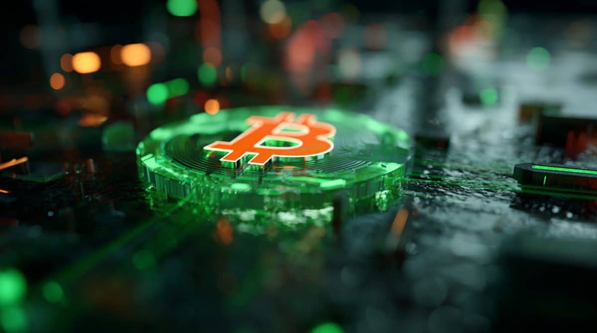 Moeda de Bitcoin brilhando. Fonte: Midjourney.