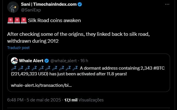 Perfil aponta que movimentação de R$ 1,8 bilhão em Bitcoin está ligada à Silk Road. Fonte: X.
