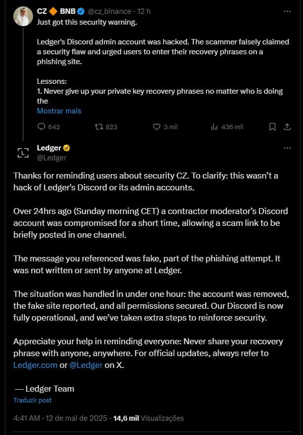 Ledger responde ao fundador da Binance após alerta sobre golpe. Fonte: X.
