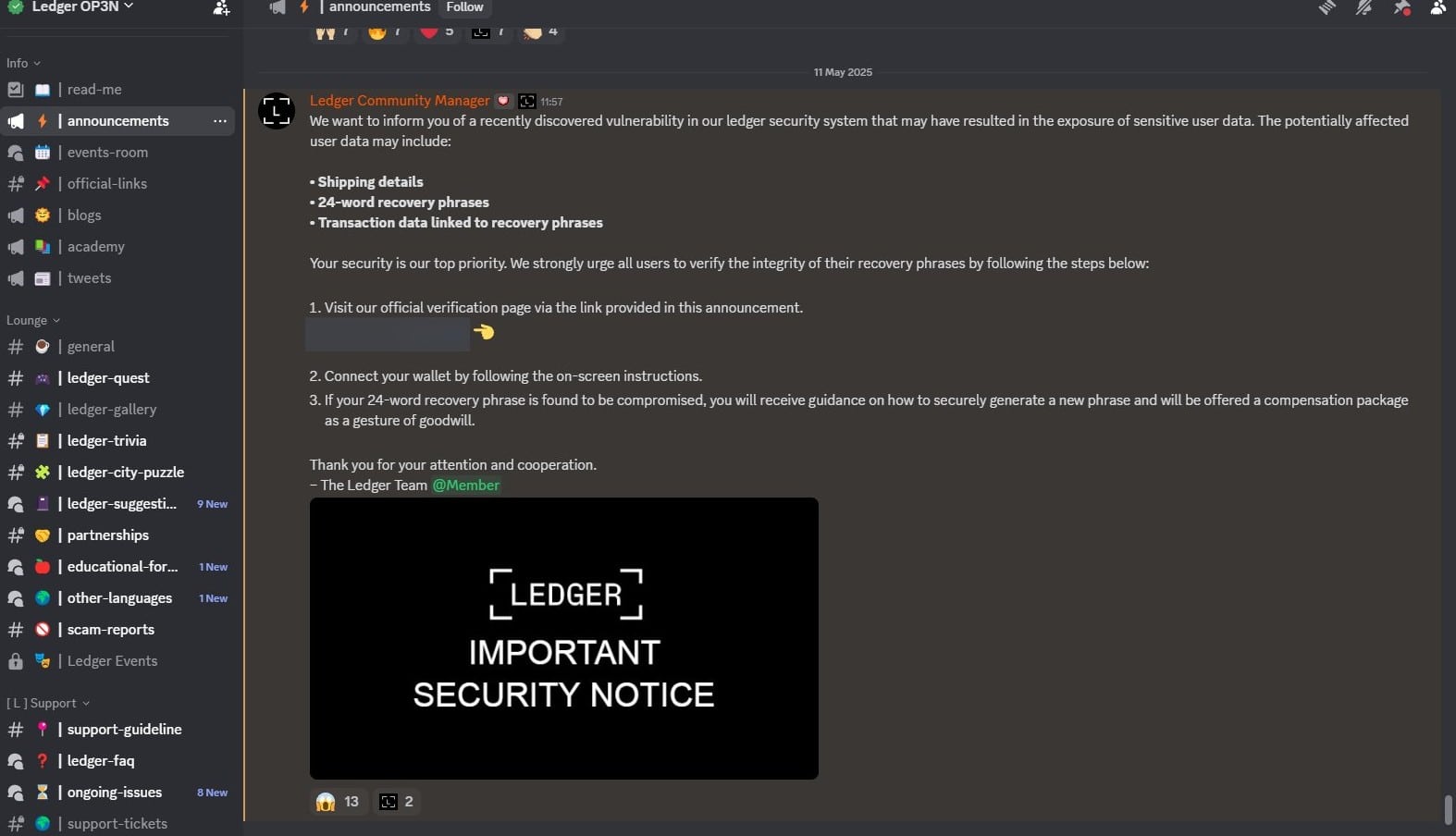 Conta de administrador do Discord da Ledger foi invadida para promover golpe no servidor da empresa. Fonte: Shuri2060/X/Reprodução.