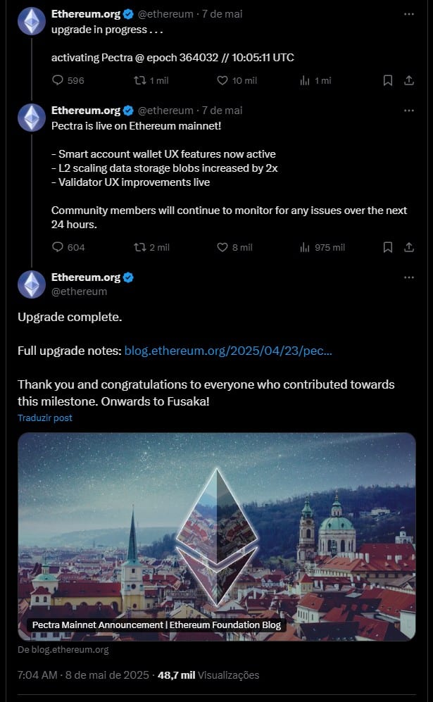 Ethereum confirma atualização Pectra. Fonte: X.