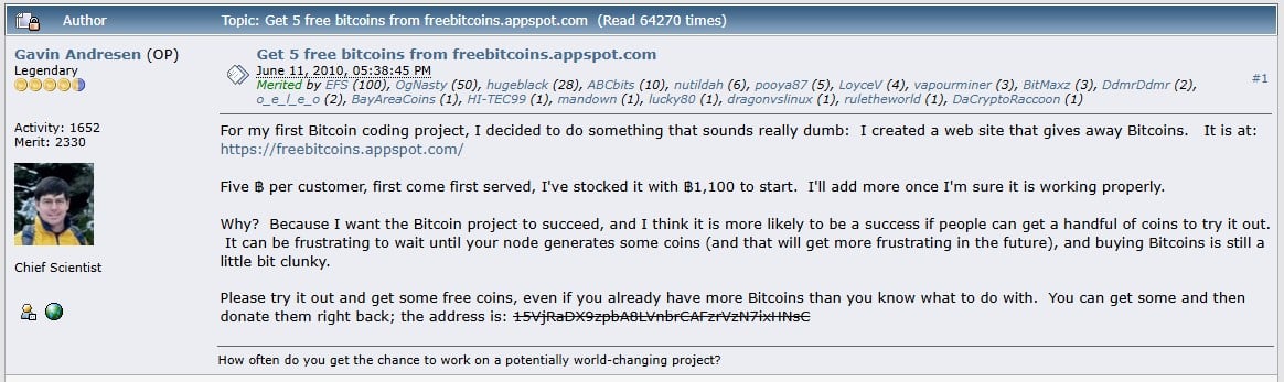 Gavin Andresen anunciando primeiro “faucet” de Bitcoin. Fonte: Bitcointalk.