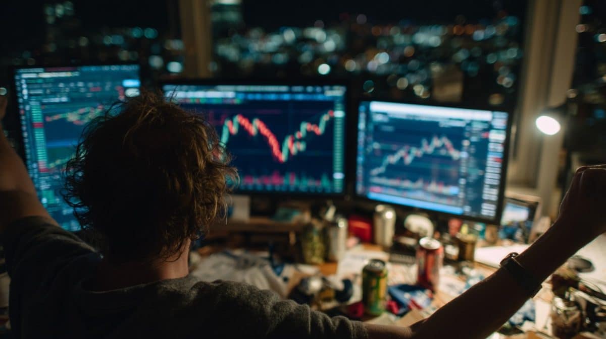 Investidor comemorando nova máxima de preço do Bitcoin. Fonte: Midjourney.