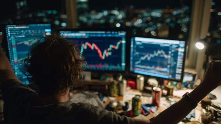 Investidor comemorando nova máxima de preço do Bitcoin. Fonte: Midjourney.