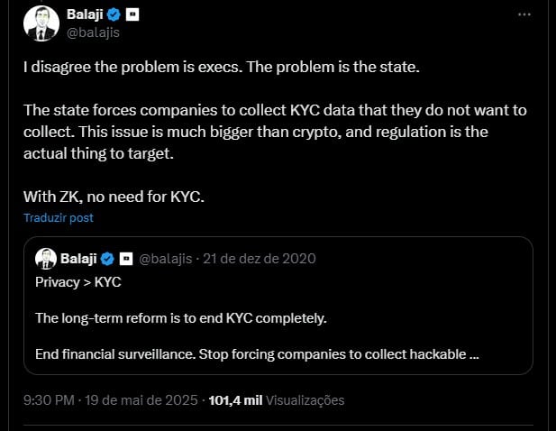 Balaji Srinivasan, ex-diretor da Coinbase, diz que empresas são obrigadas a cumprir regras de KYC e que culpa por vazamento de dados é inteira do governo. Fonte: X.
