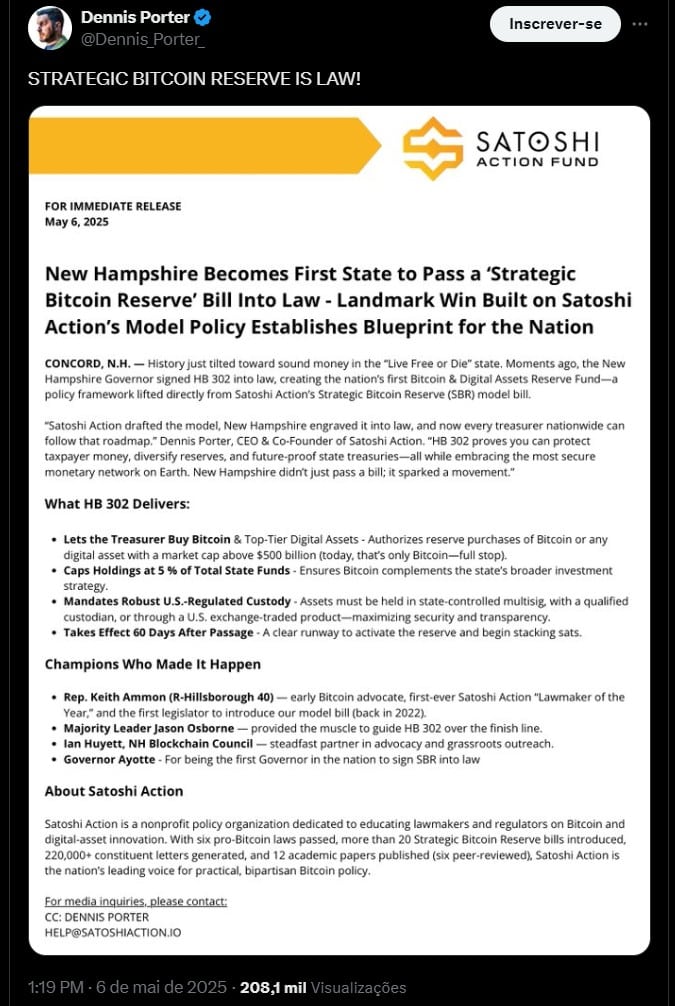 Dennis Porter, fundador da Satoshi Action Fund, sobre lei de New Hampshire que permite a compra de Bitcoin pelo estado. Fonte: X.