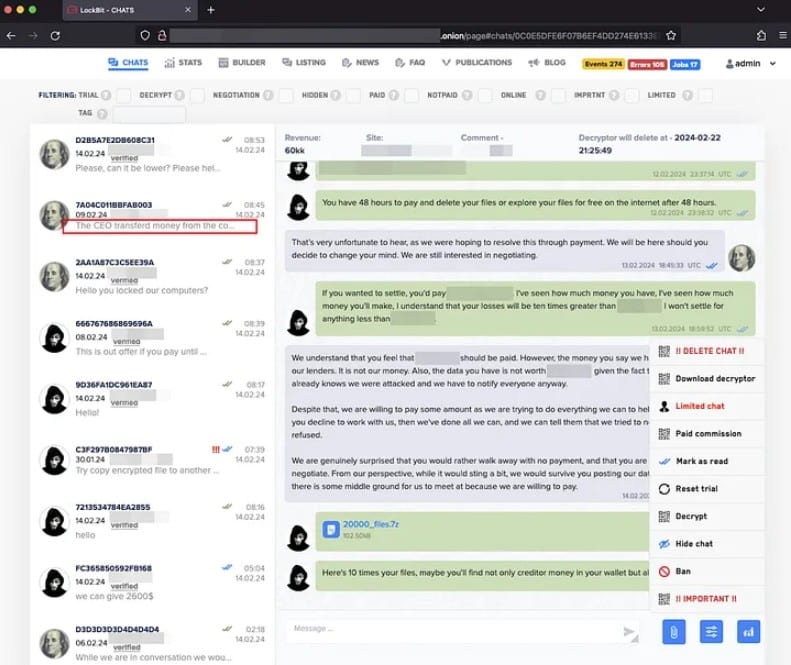 Conversas entre hackers da LockBit e suas vítimas foram vazadas em ataque. Fonte: Slowmist/Reprodução.