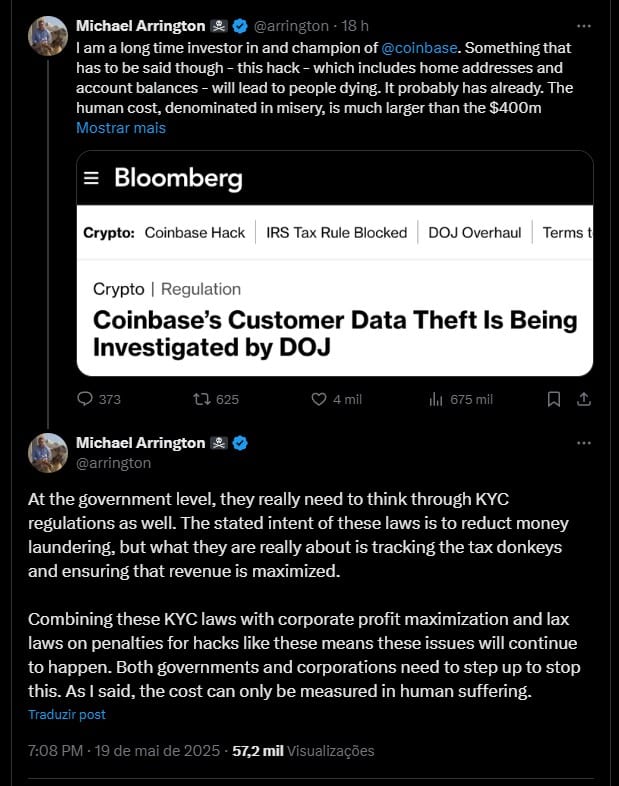 Michael Arrington, fundador do TechCrunch, critica postura da Coinbase. Fonte: X.