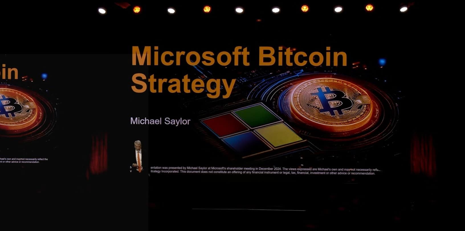 Michael Saylor em apresentação de Bitcoin para empresas, citando caso da Microsoft. Fonte: Bitcoin Magazine/Reprodução.
