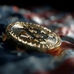 Moeda de Bitcoin sobre bandeira dos EUA. Fonte: Midjourney.