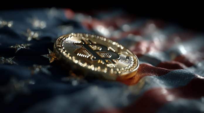 Moeda de Bitcoin sobre bandeira dos EUA. Fonte: Midjourney.