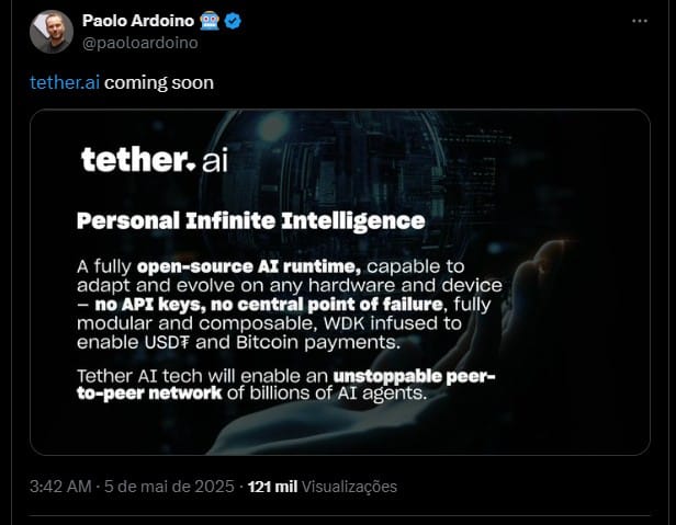 Paolo Ardoino, CEO da Tether, sobre o lançamento da Tether AI. Fonte: X.