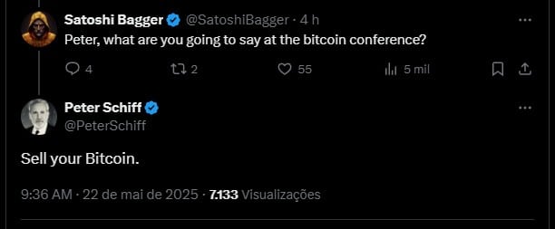 Peter Schiff, crítico do Bitcoin, sobre o que falará na maior conferência do mundo sobre a criptomoeda. Fonte: X.