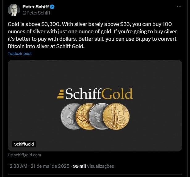 Peter Schiff aproveita alta histórica do Bitcoin para vender ouro e prata pela criptomoeda. Fonte: X.
