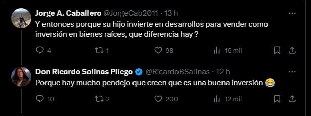 Ricardo Salinas respondendo comentários sobre investimentos em imóveis. Fonte: X.