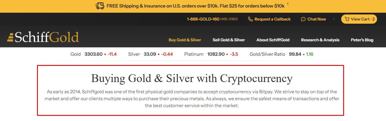 Peter Schiff, grande crítico do Bitcoin, aceita Bitcoin e outras criptomoedas em seu site desde 2014. Fonte: SchiffGold.