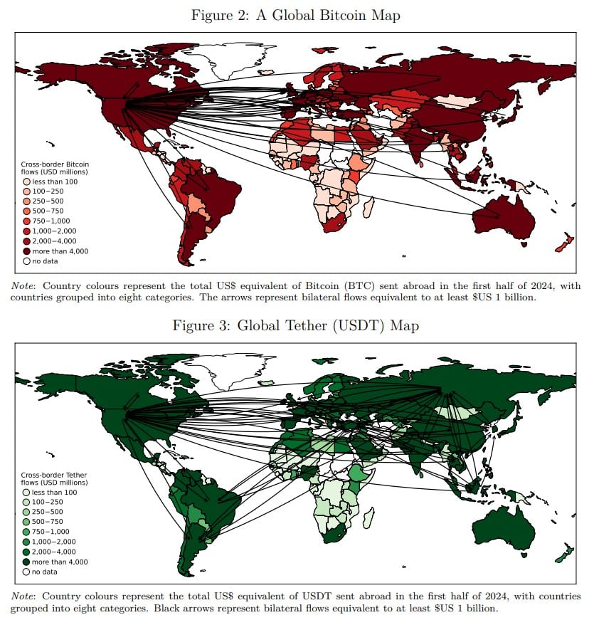 BIS compara fluxo de transações transfronteiriças entre Bitcoin (BTC), primeira imagem, e Tether (USDT), segunda imagem. Fonte: BIS/Reprodução.