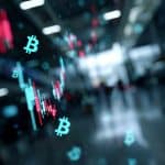 Velas de negociação e símbolos do Bitcoin com cidade de fundo. Fonte: Midjourney.