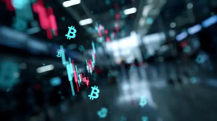 Velas de negociação e símbolos do Bitcoin com cidade de fundo. Fonte: Midjourney.