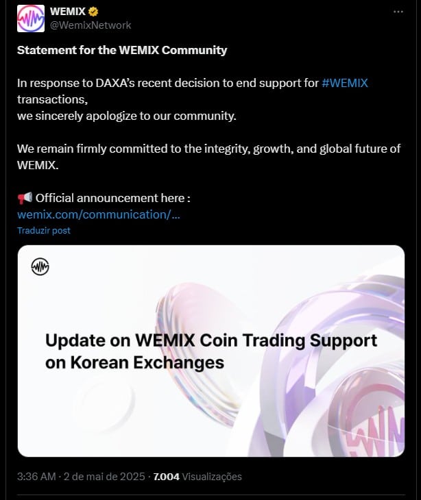 Equipe da Wemix se desculpa com comunidade após sua criptomoeda ser removida de corretoras sul-coreanas. Fonte: X.