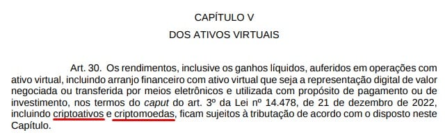Artigo 30 em MP 1303 de 2025, de autoria do Governo Lula, cita termos criptomoedas e criptoativos