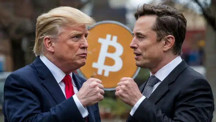 Bilionários Donald Trump e Elon Musk mostrando punhos com bitcoin ao fundo
