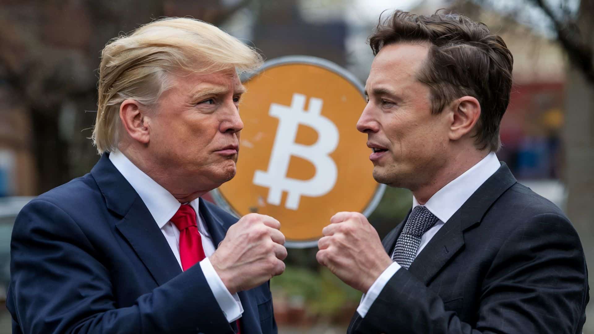 Bilionários Donald Trump e Elon Musk mostrando punhos com bitcoin ao fundo