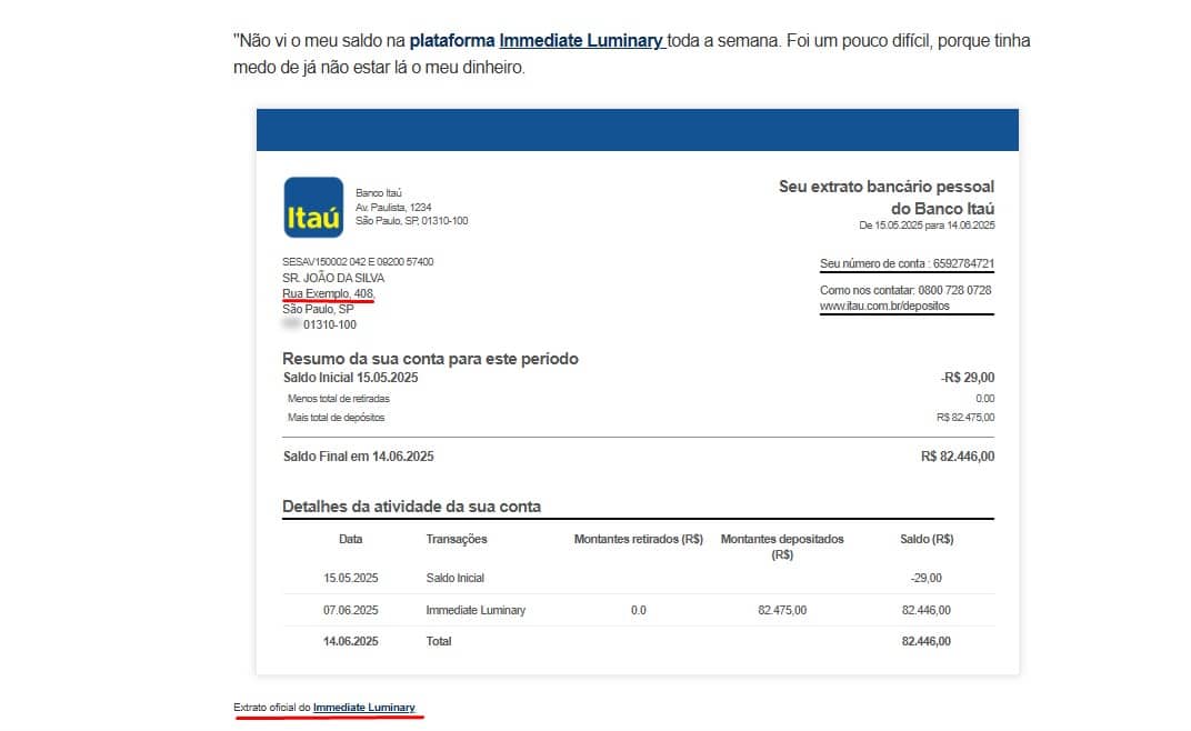 Falsa plataforma usa falsa imagem de extrato de um cliente do Itaú para simular ganhos irreais com criptomoedas