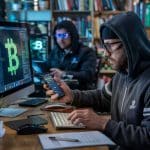 Hackers em atividade criminosa, um deles olhando para símbolo do bitcoin na tela EUA e criptomoedas