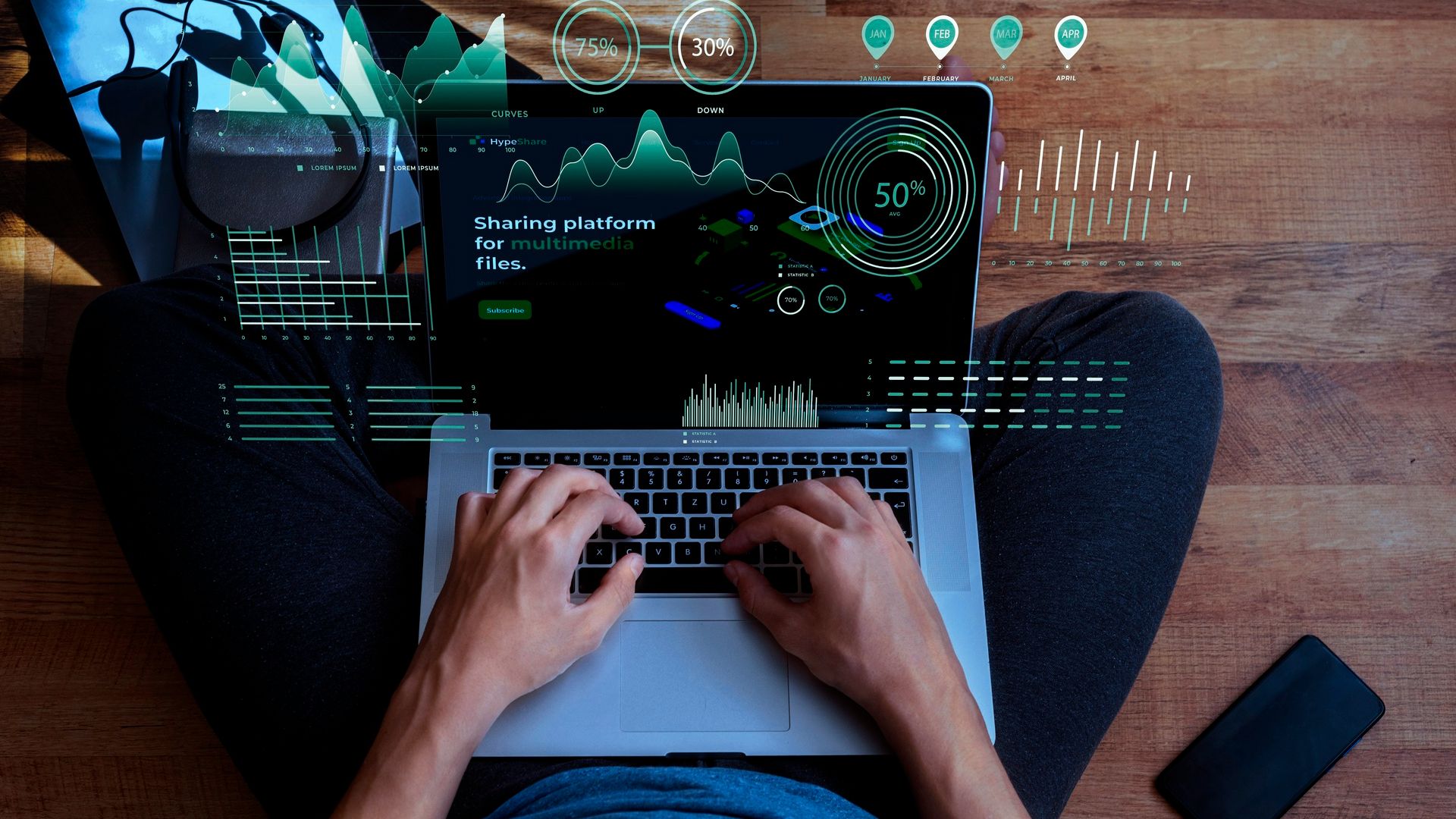 Homem trabalhando com tecnologias de ponta em seu computador