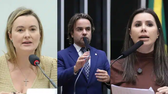 Julia Zanatta esq., Eros Biondini cent. e Caroline de Toni dir. estão entre parlamentares que apresentaram pedidos para suprimir imposto para criptomoedas deputados MP Lula