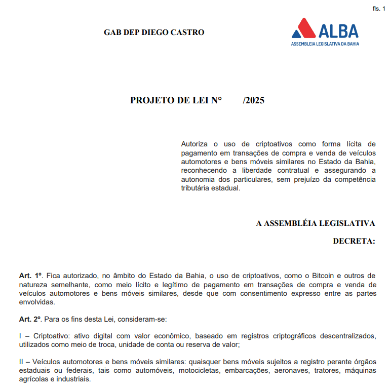 Projeto de lei na Bahia libera compra de veículos com bitcoin, mostrando novo caso de uso das moedas digitais como dinheiro